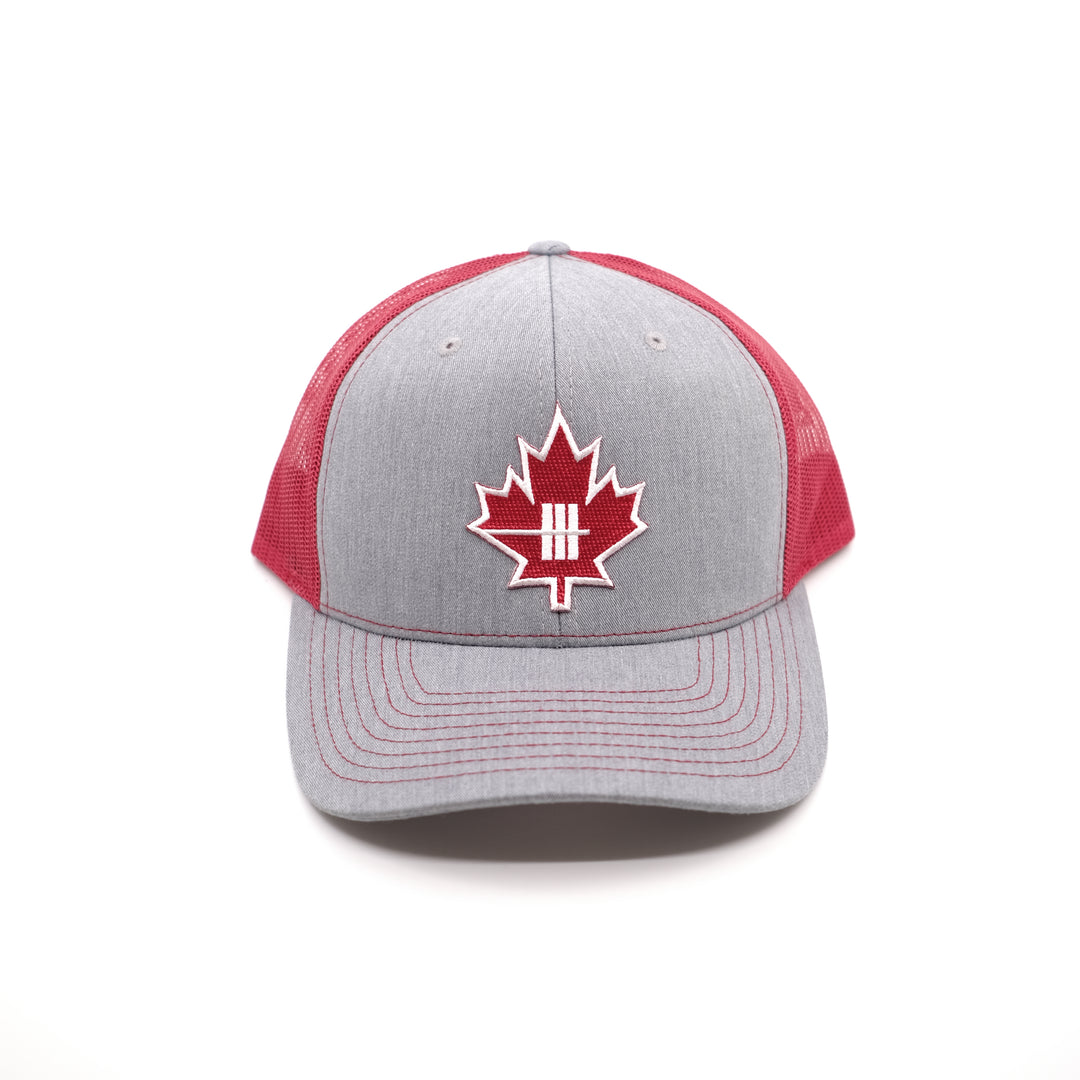 Inner Strength Maple Leaf Trucker Hat - Ash Grey with Red Mesh