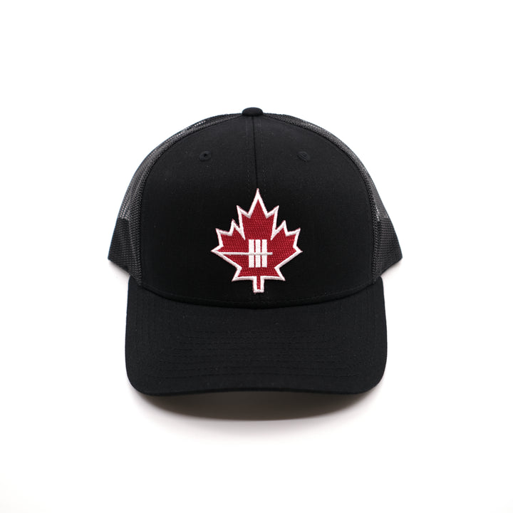Inner Strength Maple Leaf Trucker Hat - Black with Black Mesh