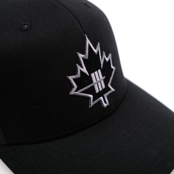 Inner Strength Maple Leaf Trucker Hat - Black with Black Mesh